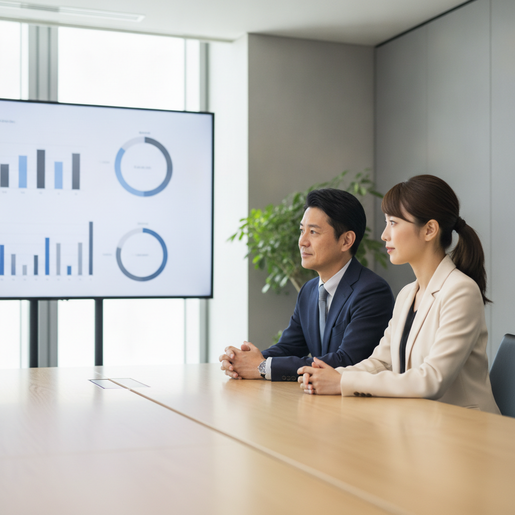 役員と人事担当者がモニターのグラフを確認し、研修効果を分析する様子