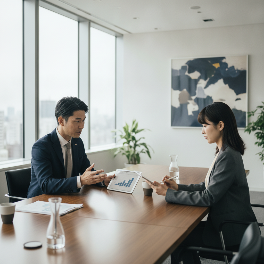 模擬商談：男性営業が提案し、顧客役の女性評価者がタブレットで採点する様子